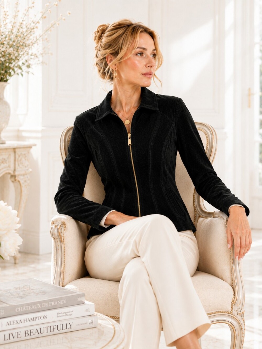 NWT Dennis Basso Black Washable Suede Leather Jacket L Gold Zip - Picture 2 of 11